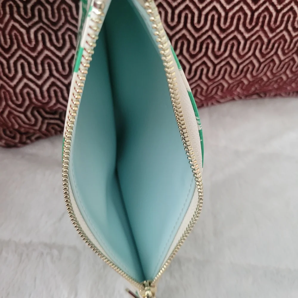 Kate Spade Green and White Geometric Pattern Make-up Pouch Bag Gold Hardware